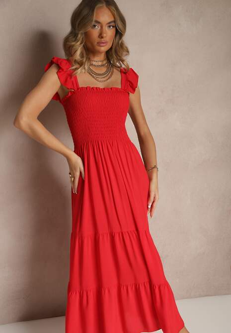 Czerwona Sukienka z Bawełny na Ramiączkach Ozdobiona Falbanami i Gumkami Mevalys