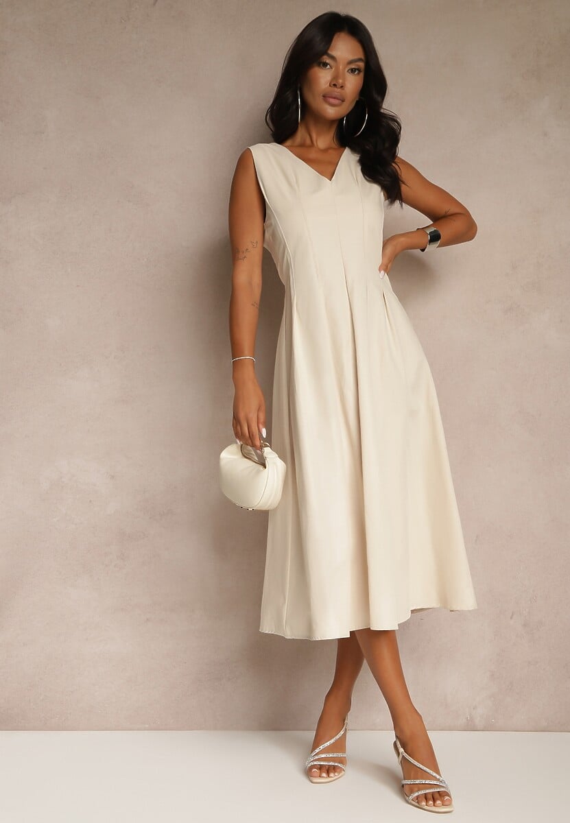 Beżowa Rozkloszowana Sukienka z Dekoltem w Kształcie Litery V Agilia