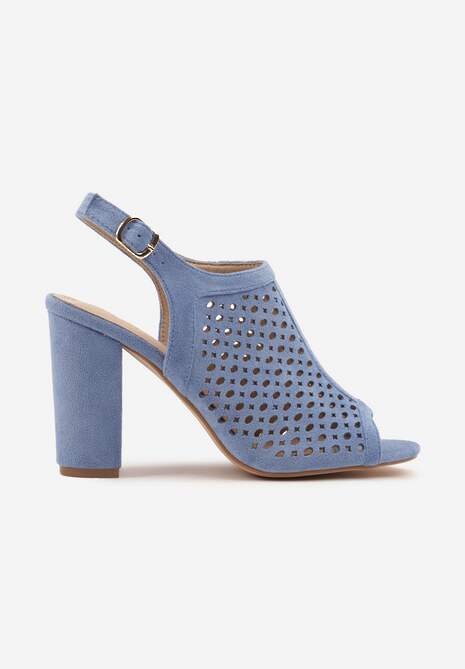 Niebieskie Sandały na Słupku z Ażurową Cholewką i  Skórzaną Wkładką Linalira