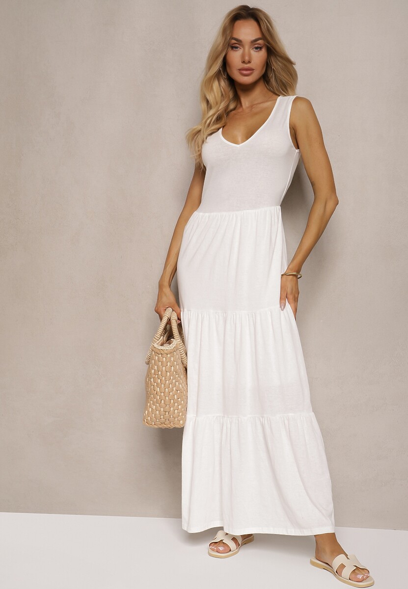 Niebieska Rozkloszowana Sukienka Maxi z Bawełnianej Tkaniny Galaise