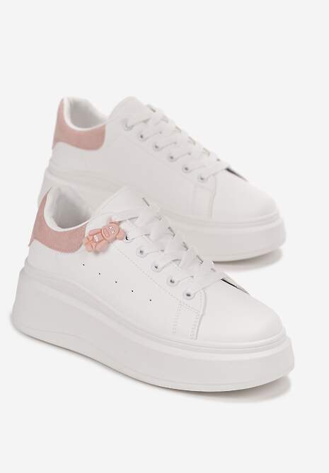 Biało-Różowe Sznurowane Sneakersy na Platformie z Aplikacją przy Sznurówkach Khirlie