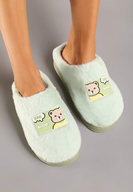 Zielone Futrzane Kapcie Vices na Platformie Ozdobione Naszywką Deofra