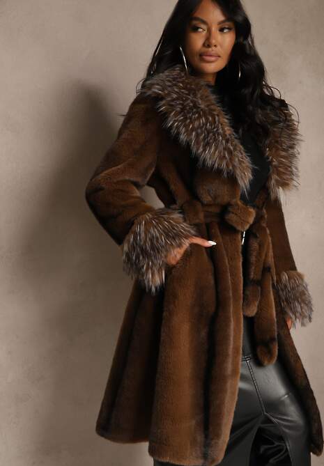 Brązowy Płaszcz Futerko z Paskiem z Ozdobnym Kołnierzem i Mankietami Tiobella