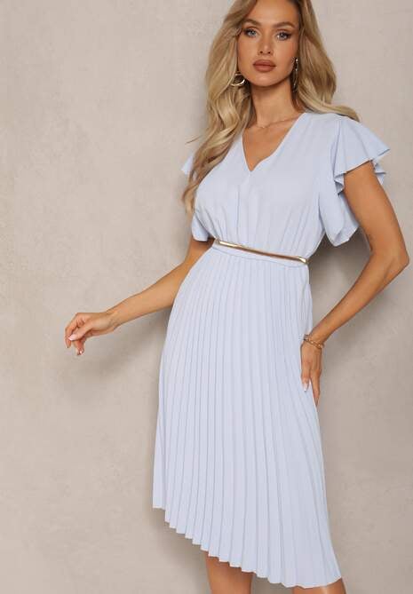 Jasnoniebieska Rozkloszowana Sukienka Midi z Plisami na Dole Nairata