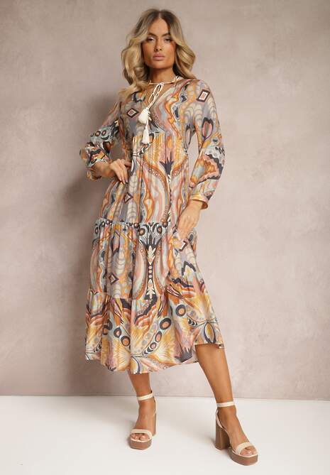 Żółto-Brązowa Sukienka o Rozkloszowanym Kroju z Rękawem 3/4 Wiązana przy Szyi Cinia