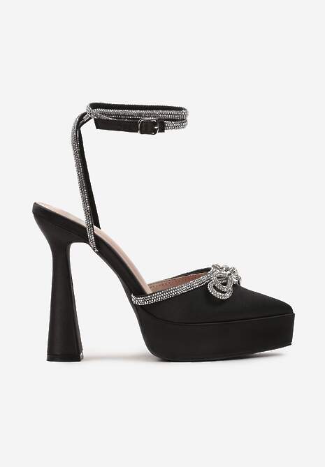 Czarne Sandały z Ozdobną Kokardą i Cyrkoniami na Platformie i Klepsydrowym Obcasie Wernia
