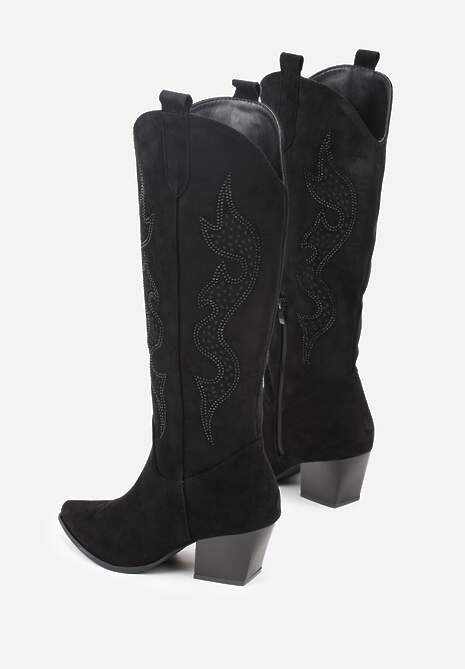 Czarne Kozaki Kowbojki na Stożkowym Obcasie Zdobione Cyrkoniami Nalasania