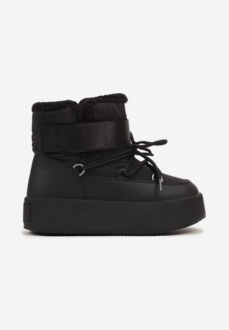 Czarne Śniegowce na Wysokiej Platformie z Futerkiem i Zapięciem na Rzep Norielia