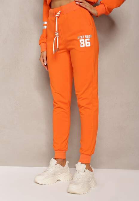 Pomarańczowe Spodnie Dresowe High Waist Ozdobione Nadrukiem przy Kieszeni Ascira