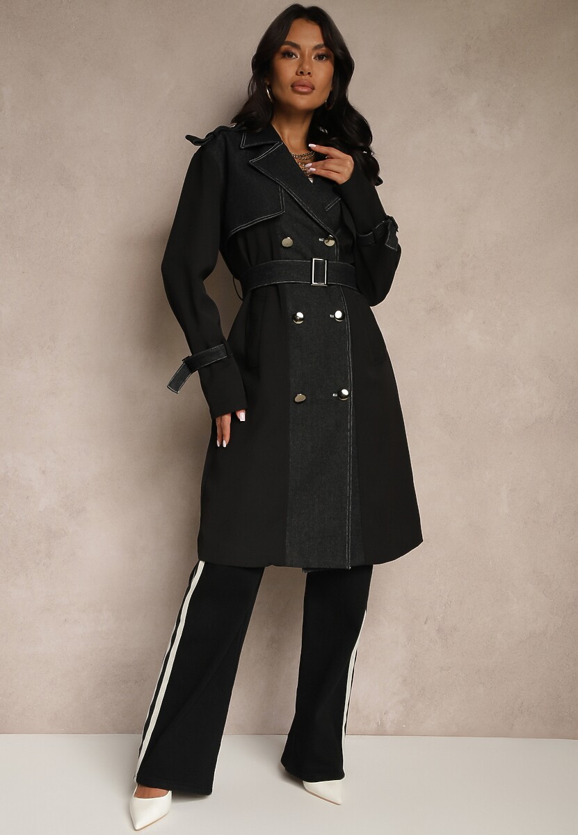 Czarny Płaszcz z Bawełną Typu Trencz z Jeansowymi Wstawkami Felsedi