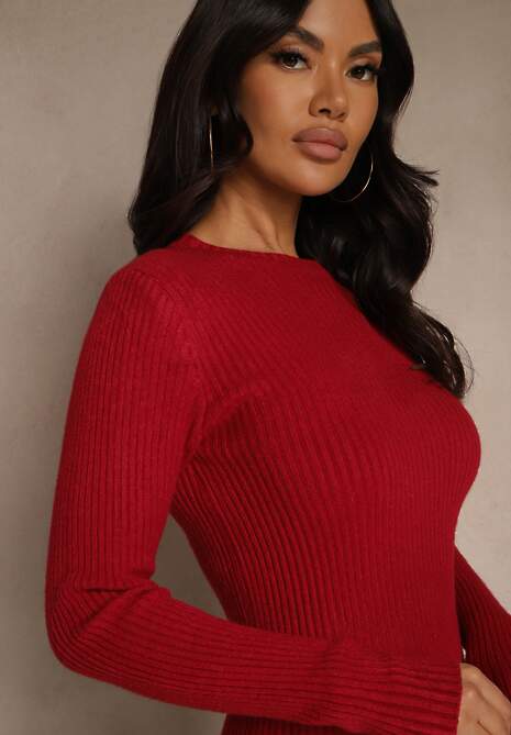 Bordowa Prążkowana Sukienka z Dzianiny z Bawełną o Dopasowanym Kroju Tesoria