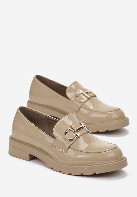 Ciemnobeżowe Mokasyny z Lakierowanej Imitacji Skóry Raglada