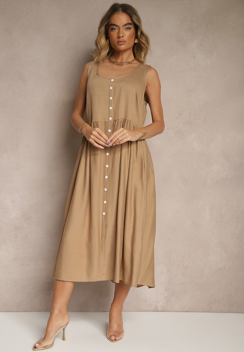Ciemnobeżowa Rozkloszowana Sukienka z Wiskozy Ozdobiona Guzikami Nataviela