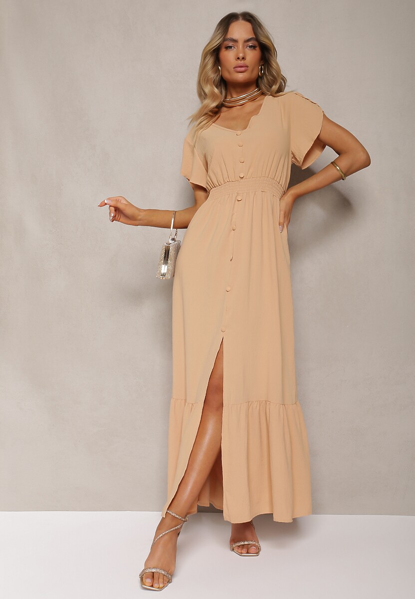 Jasnozielona Rozkloszowana Sukienka z Gumkami w Talii z Guzikami i Rozcięciem Gafia