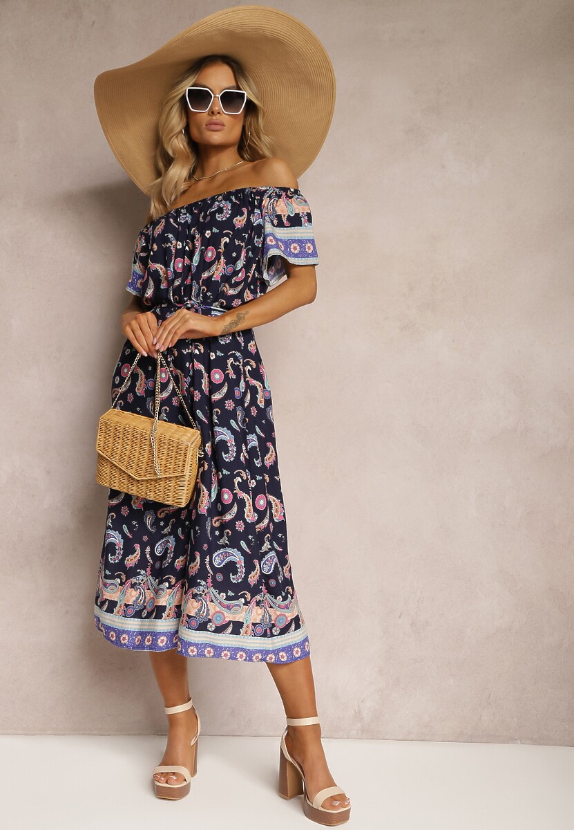 Granatowa Pudełkowa Sukienka z Bawełny we Wzór Paisley z Hiszpańskim Dekoltem Veranica