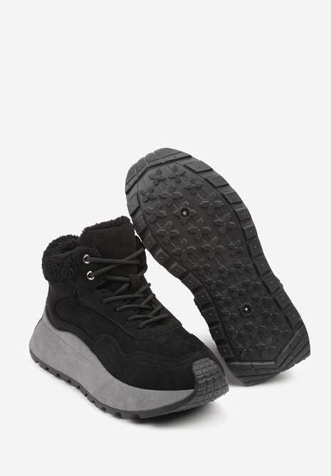 Czarne Sneakersy Śniegowce Vices na Platformie Ozdobione Napisem i Futerkiem Lanite