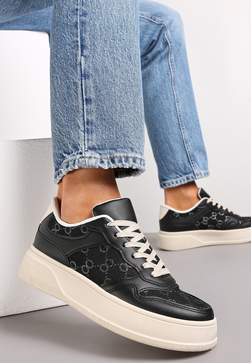 Czarne Sneakersy Sznurowane na Grubej Podeszwie Valua
