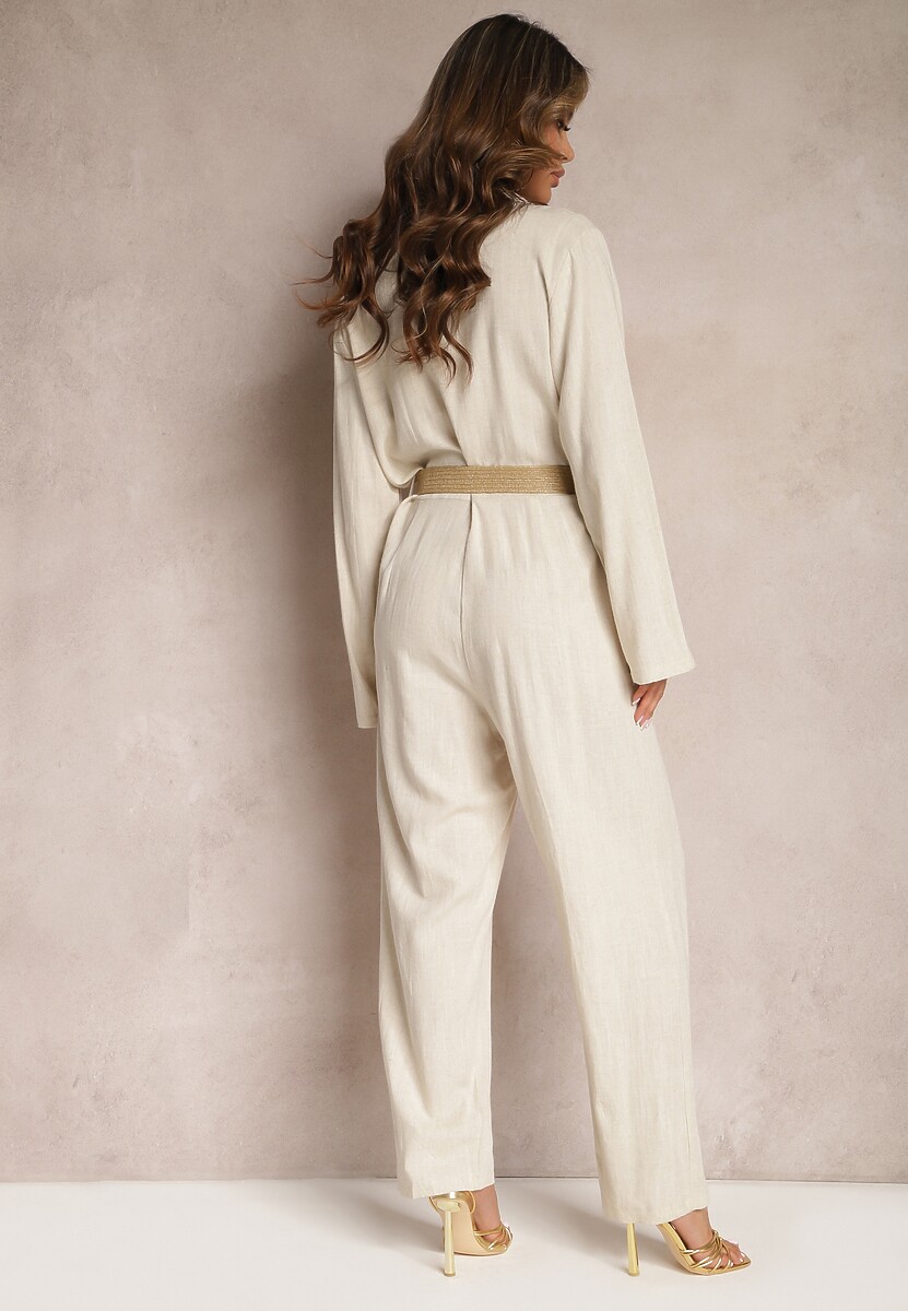 Jasnobeżowy Kombinezon z Paskiem z Plecionki Kopertową Górą i Zwężającymi się Nogawkami Avnja