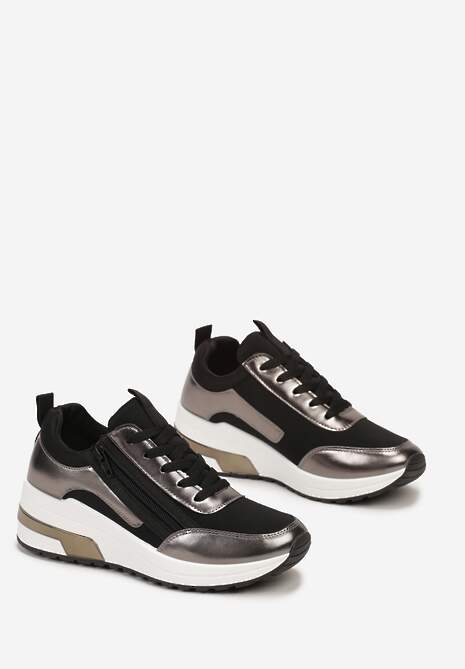 Czarne Sneakersy z Ekoskóry z Połyskującymi Detalami i Ozdobnym Zamkiem Raviles