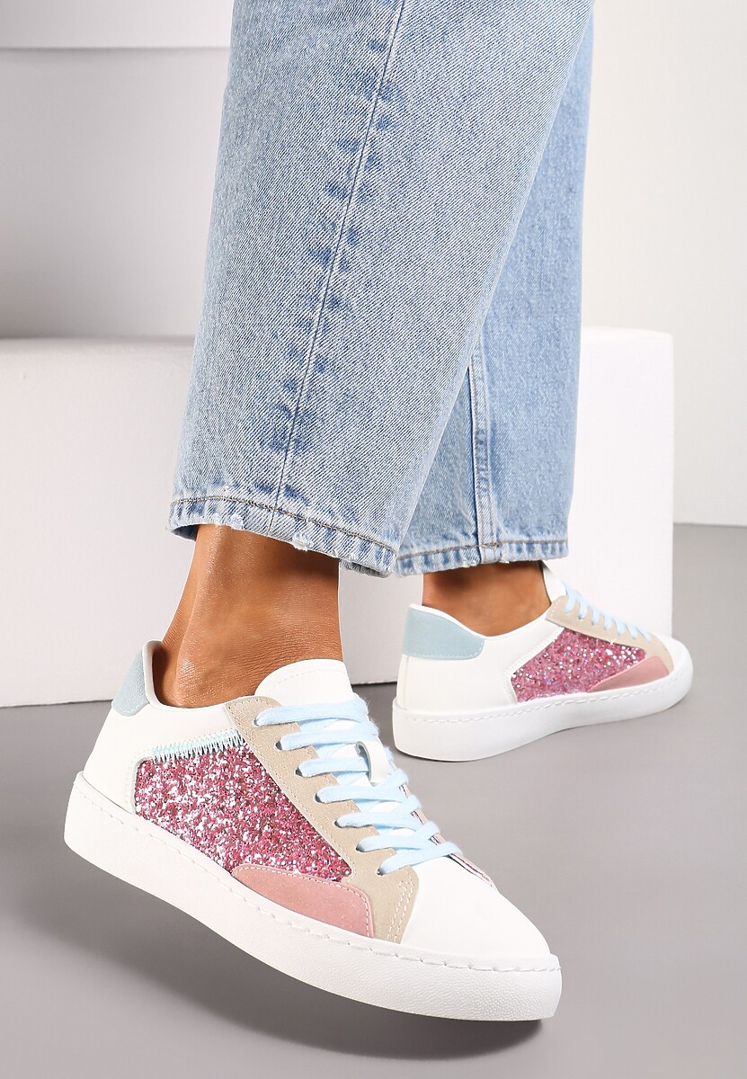 Biało-Różowe Sneakersy na Płaskiej Podeszwie z Ozdobnymi Wstawkami i Brokatem Jivina