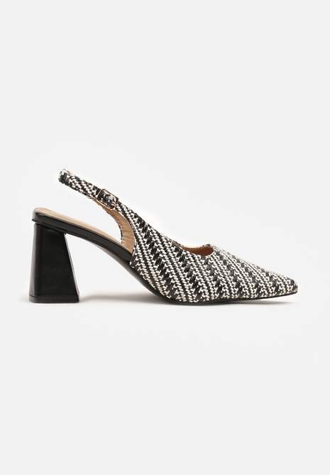 Czarne Tweedowe Sandały Slingback na Słupkowym Obcasie Taslia