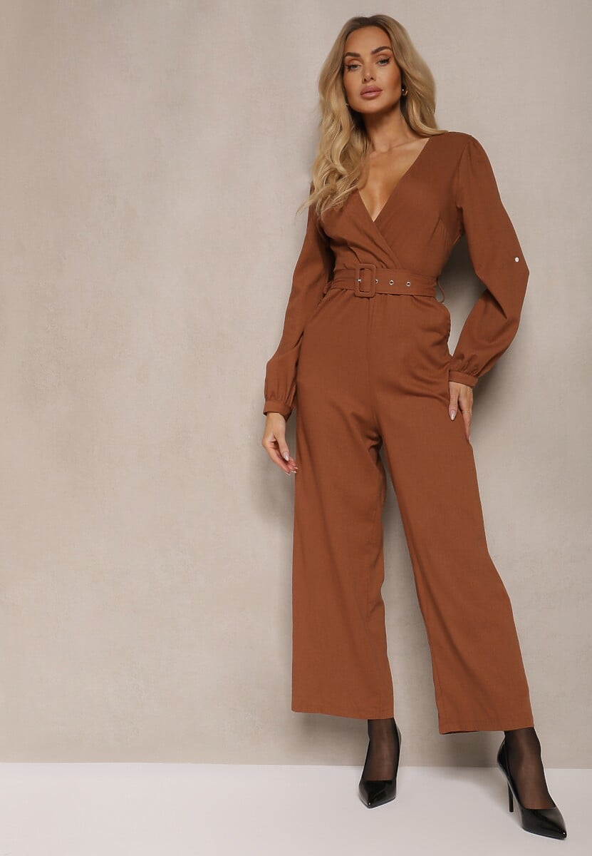 Brązowy Kopertowy Kombinezon z Bawełny z Dodatkowym Paskiem i Gumką w Talii Rinnarela