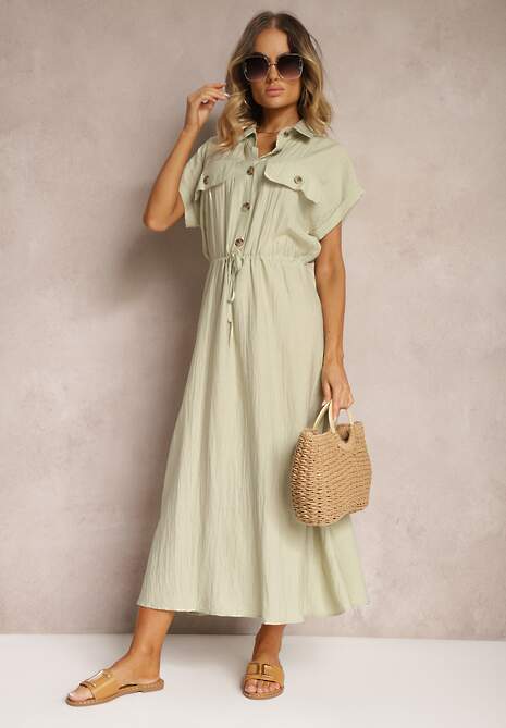 Jasnozielona Sukienka z Wiskozy o Rozkloszowanym Kroju z Gumką w Pasie i Napami Memvia