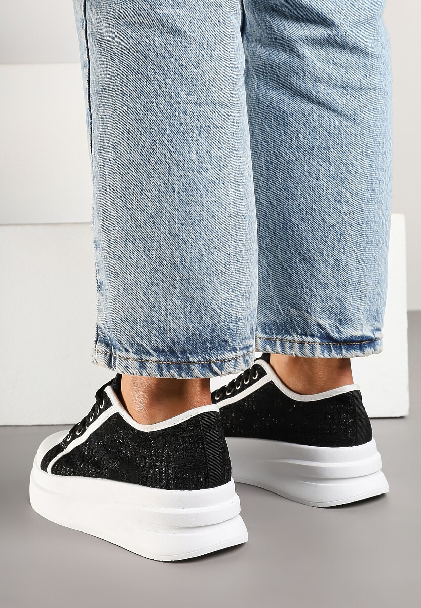 Czarno-Białe Sneakersy na Platformie z Koronkową Cholewką Falendriela