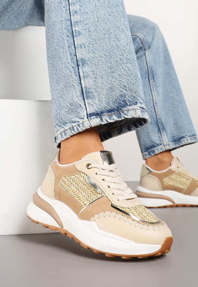 Ciemnobeżowe Sneakersy na Platformie ze Wstawkami z Plecionki Ninatia