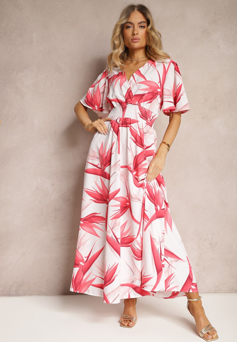 Różowo-Biała Kopertowa Sukienka Wiązana na Plecach z Gumką w Talii Jeteri