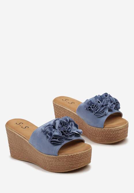 Niebieskie Klapki na Platformie z Koturnem i Szerokim Paskiem z Kwiatami Sirecia