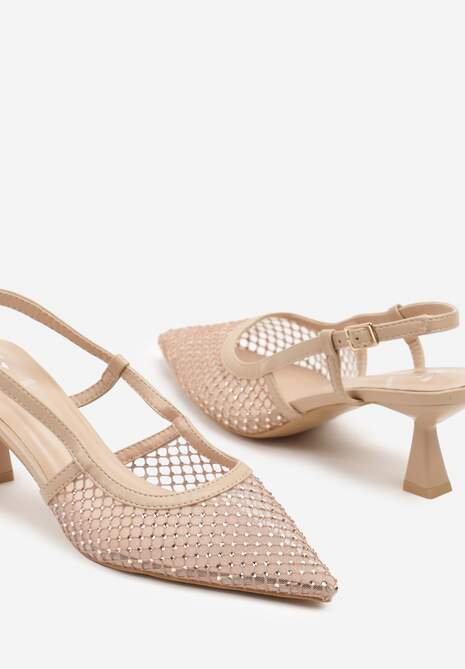 Beżowe Sandały na Kaczuszce Slingback z Siateczkową Cholewką i Cyrkoniami Velionna