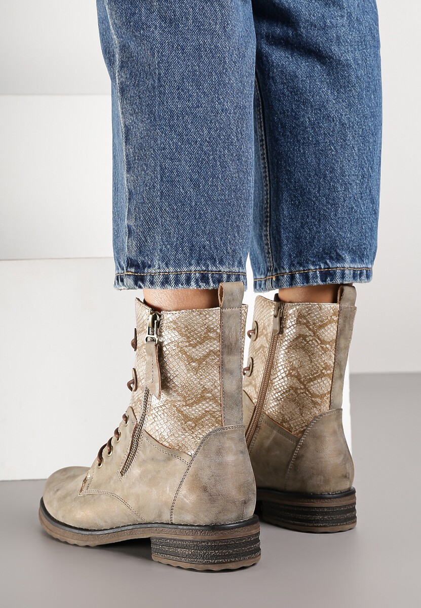 Ciemnobeżowe Botki w Stylu Workerów z Ozdobnym Suwakiem i Wężową Wstawką Vemalora