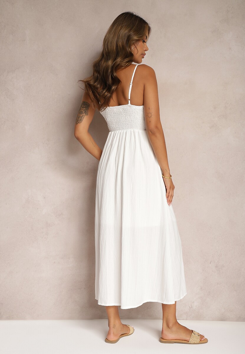 Biała Taliowana Sukienka na Guziki na Ramiączkach z Regulacją Quafea