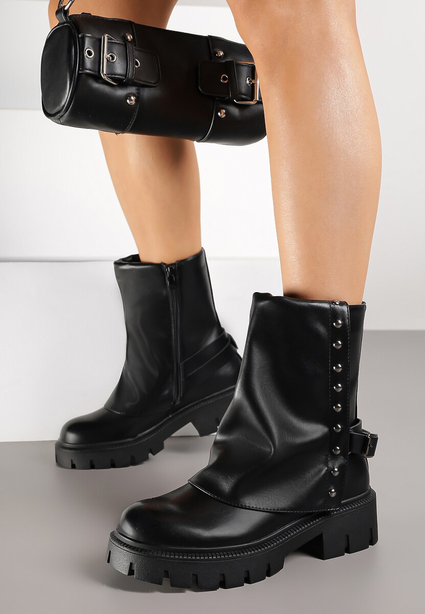 Czarno-Niebieskie Botki Ozdobione Klamrą i Wywiniętą Cholewką Ansone