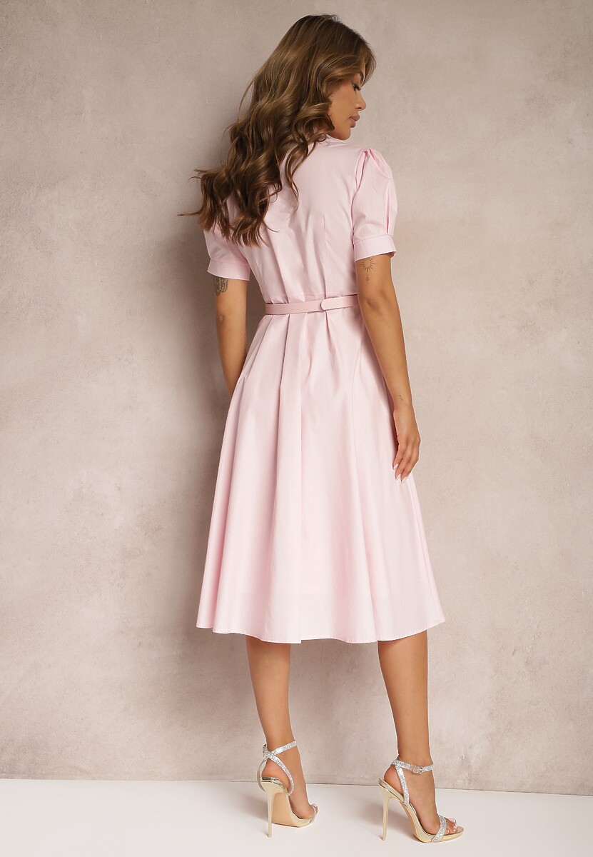 Różowa Sukienka w Koszulowym Stylu z Paskiem Ozdobiona Koronką Ilidia