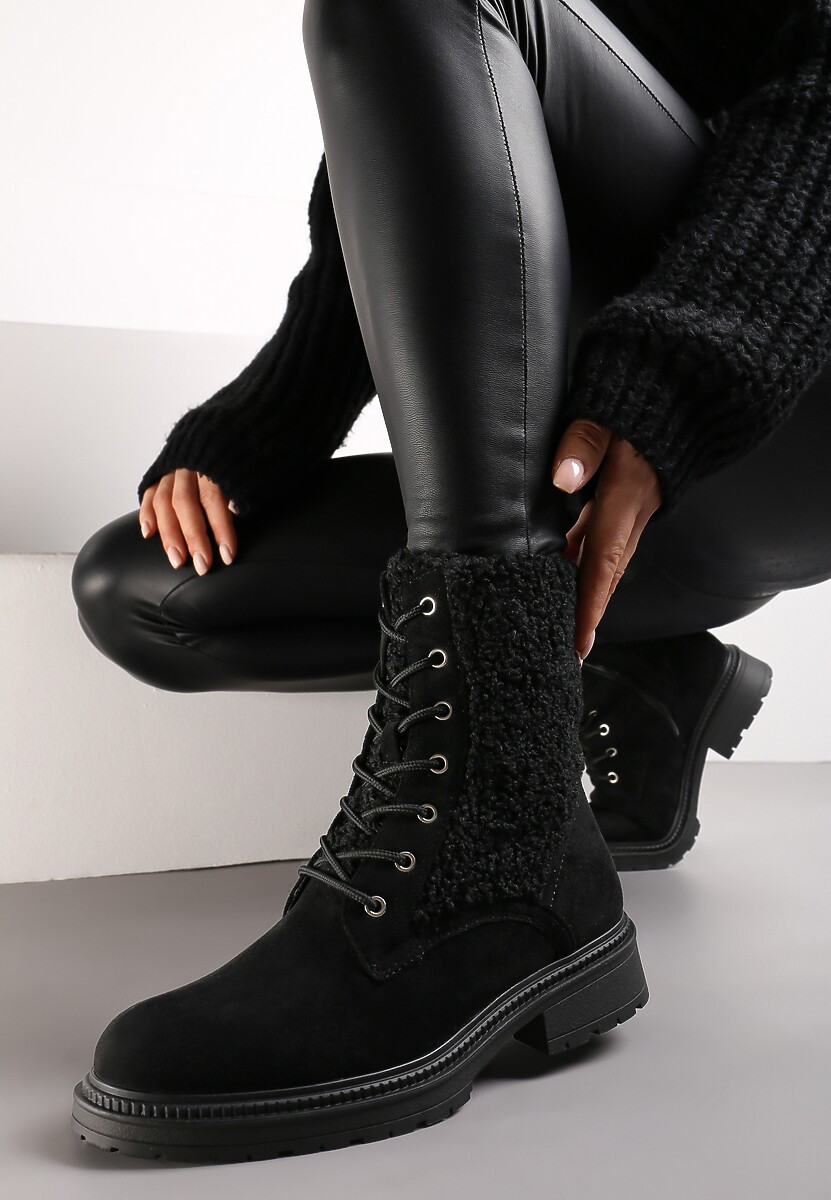 Czarne Botki Workery z Ozdobnym Futerkiem Sinuas