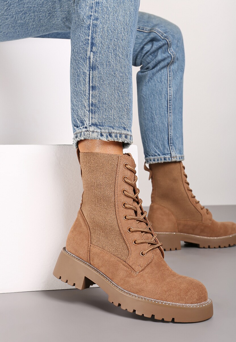 Jasnobrązowe Sznurowane Płaskie Botki w Stylu Workerów z Brokatową Elastyczną Cholewką Creene