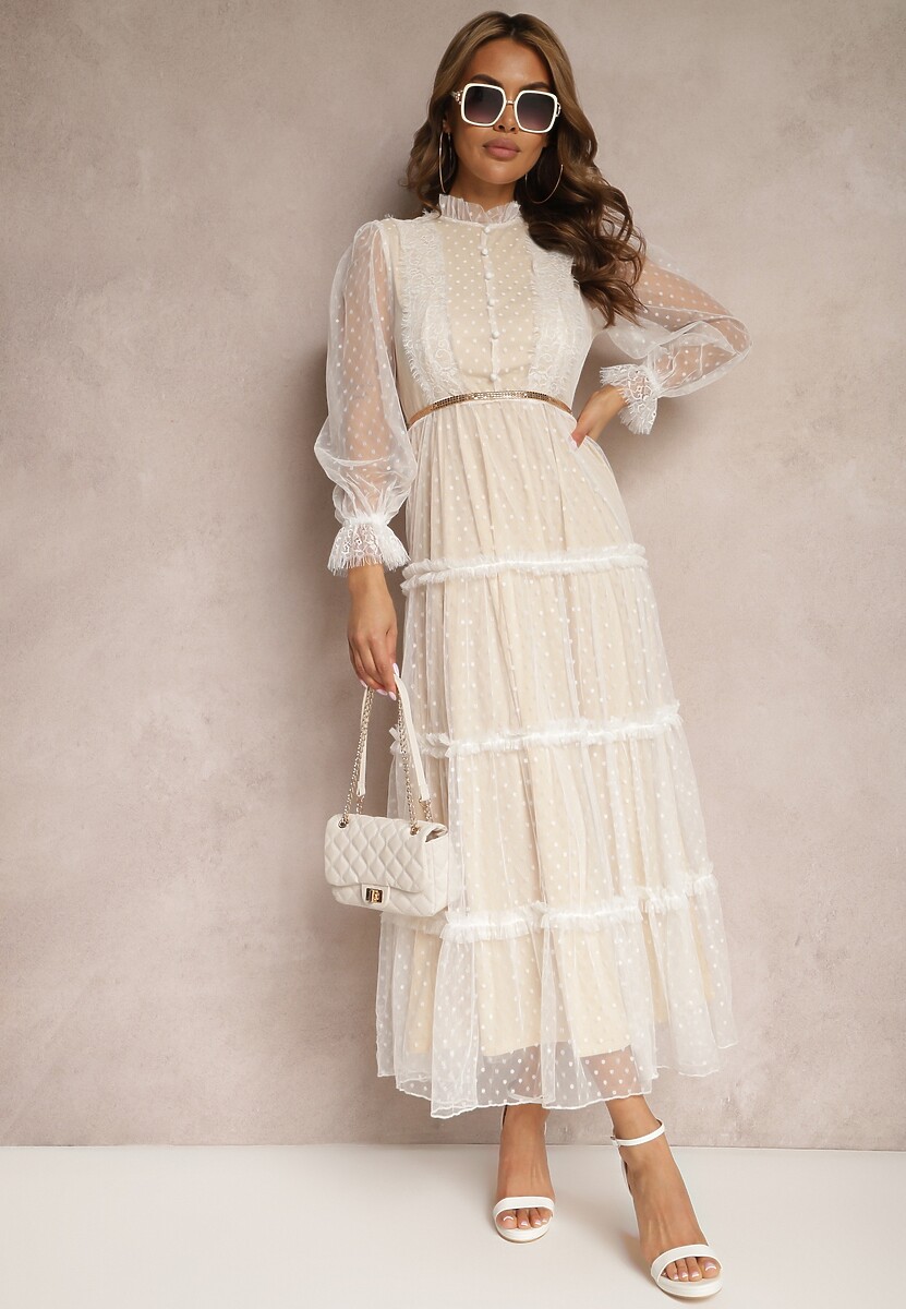 Biała Tiulowa Sukienka Maxi ze Wstawkami z Koronki i Ozdobnymi Guzikami Aovena