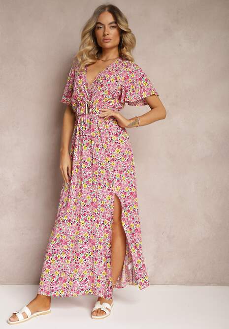 Różowa Kopertowa Sukienka z Wiskozy z Materiałowym Paskiem i Gumką w Talii z Rozcięciem Vikali