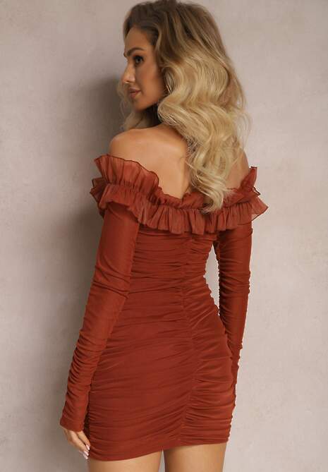 Brązowa Dopasowana Sukienka Hiszpanka z Siateczki i Falbaną Sprlia