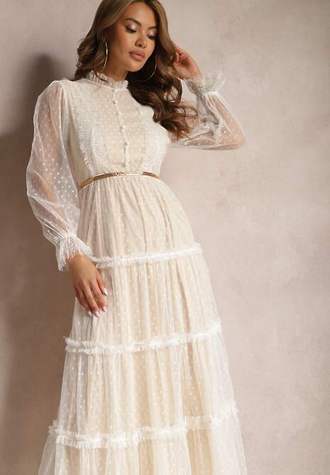 Biała Tiulowa Sukienka Maxi ze Wstawkami z Koronki i Ozdobnymi Guzikami Aovena