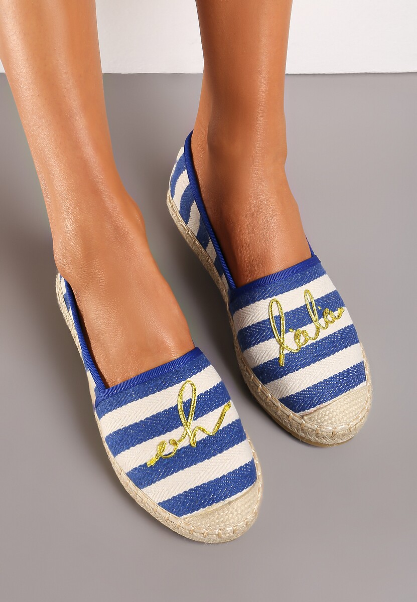 Niebieskie Espadryle przed Kostkę na Plecionej Podeszwie w Paski i z Napisem Hearta