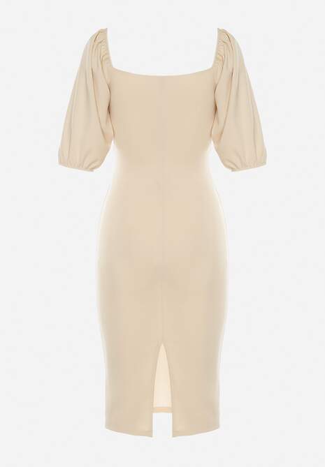Beżowa Dopasowana Sukienka z Kopertowym Dekoltem Paskiem w Talii i Bufiastymi Rękawami Morndia