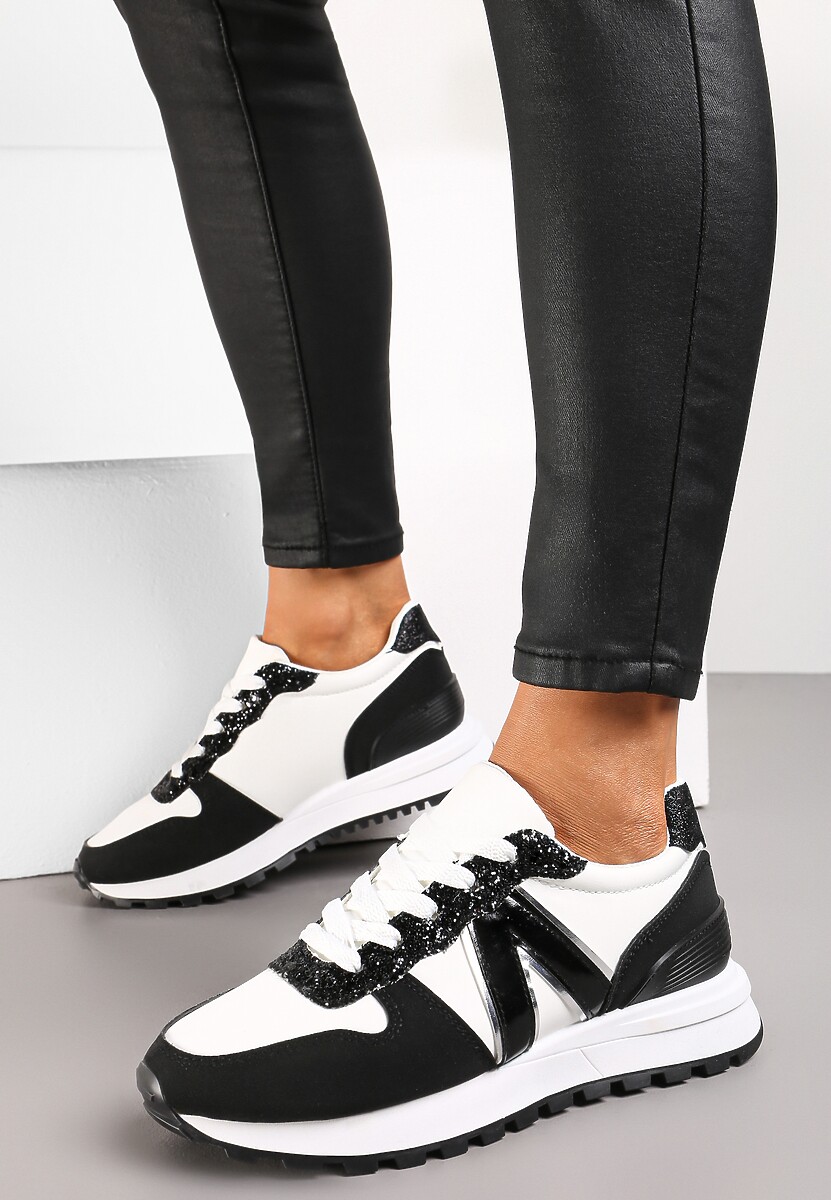 Czarne Sneakersy z Brokatem przed Kostkę Skylara