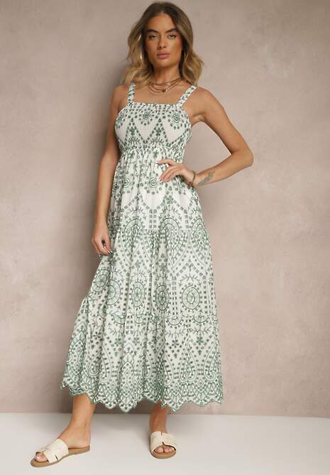 Zielono-Biała Sukienka z Bawełny z Haftowanym Wzorem Sadiralle