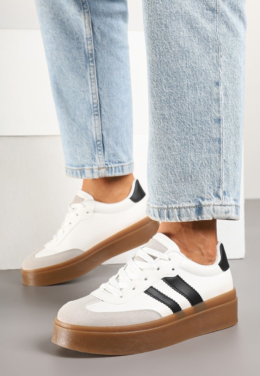 Biało-Czarne Klasyczne Sneakersy Tenisówki na Niskiej Platformie Denirla