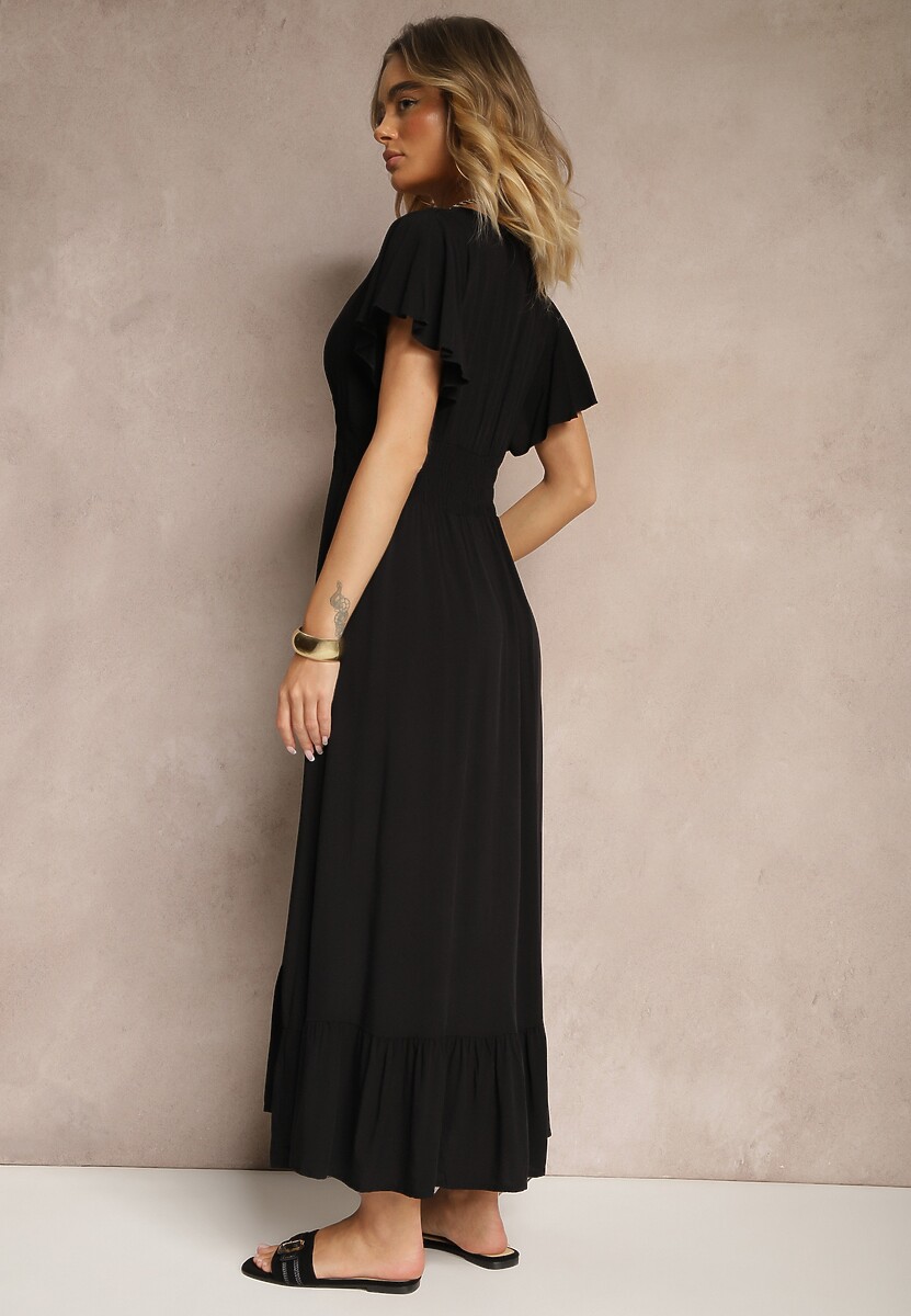 Czarna Rozkloszowana Sukienka z Wiskozy z Kopertowym Dekoltem Rellrive