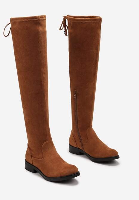 Brązowe Dopasowane Kozaki za Kolano z Wiązaniem z Tyłu Hemiga