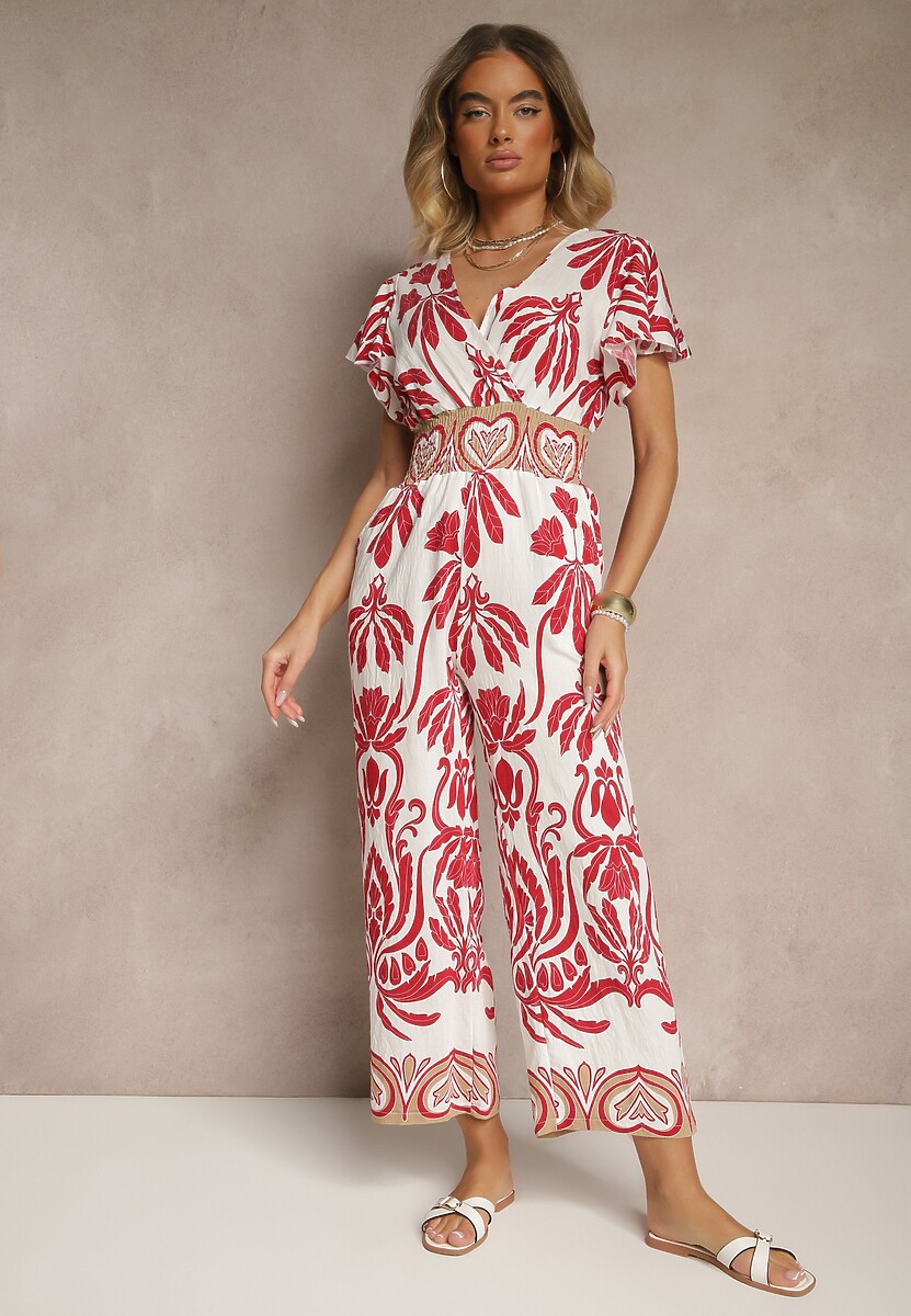 Ciemnozielony Kombinezon z Wiskozy z Zaznaczoną Talią w Boho Wzór i Dekoltem V Virazia